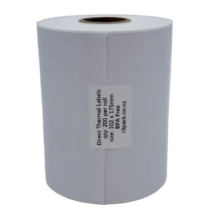 Roll of direct thermal labels with specifications on a white background
