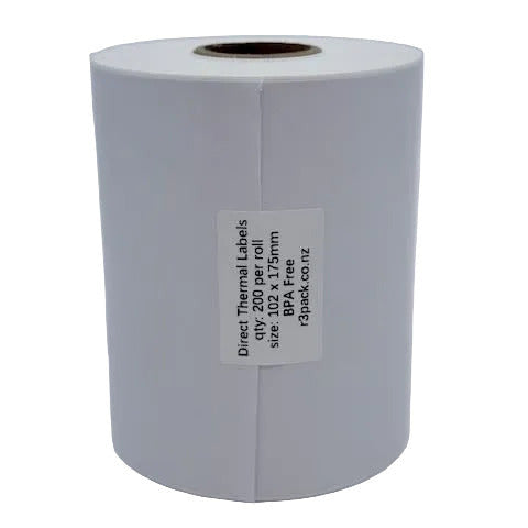 Roll of direct thermal labels with specifications on a white background