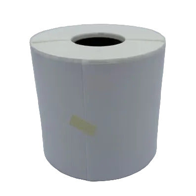 Roll of white label paper on a gray background