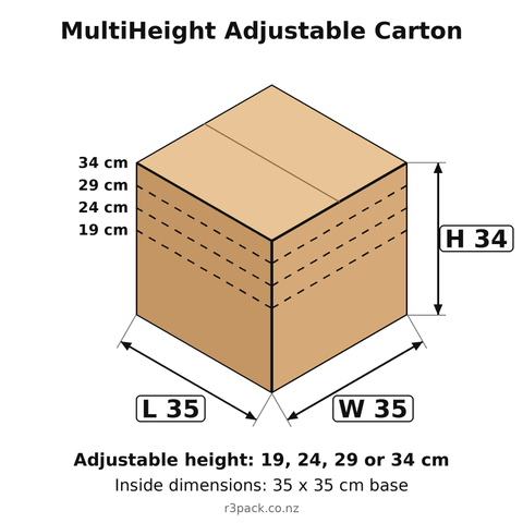 MultiHeight carton 35 x 35 cm inside base, adjustable height 19, 24, 29 or 34 cm